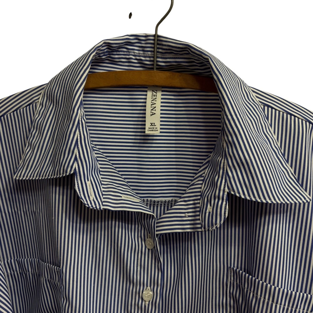 Zenana Womens Blue & White Striped Button-Up Shirt XL Polyester
